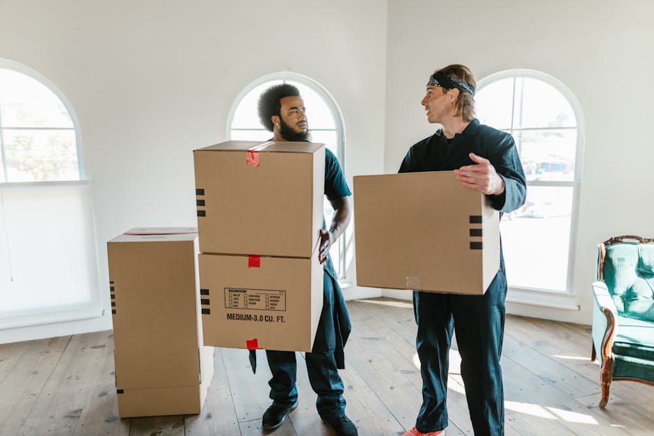 A man sitting on the wooden floor of an interior space next to several cardboard boxes, some sealed with red packing tape, during a house relocation process. The boxes vary in size and are stacked around him, indicating packing for moving. The room features large arched windows allowing natural light to illuminate the space, with a view of parked cars and a building outside. A tall potted plant with green foliage is positioned near the man, adding to the room's aesthetics. The man, dressed casually in a blue T-shirt and dark jeans, appears to be resting amidst the packing and moving preparations. The scene is set in a residential interior consistent with house removals, and the environment suggests an ongoing packing and furniture transport operation facilitated by a professional house removal service such as Man and Van Colindale.