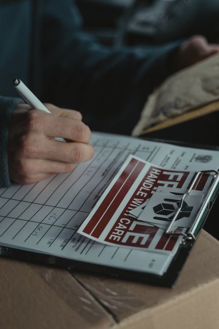 Close-up of a person wearing a white short-sleeved T-shirt, holding a clipboard with a pen in one hand while completing a moving checklist, in a room with several brown cardboard moving boxes stacked